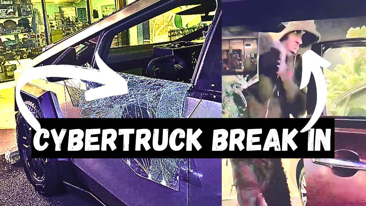 Car thief smashes the window of a Tesla Cybertruck, pulls off the window and climbs into the truck