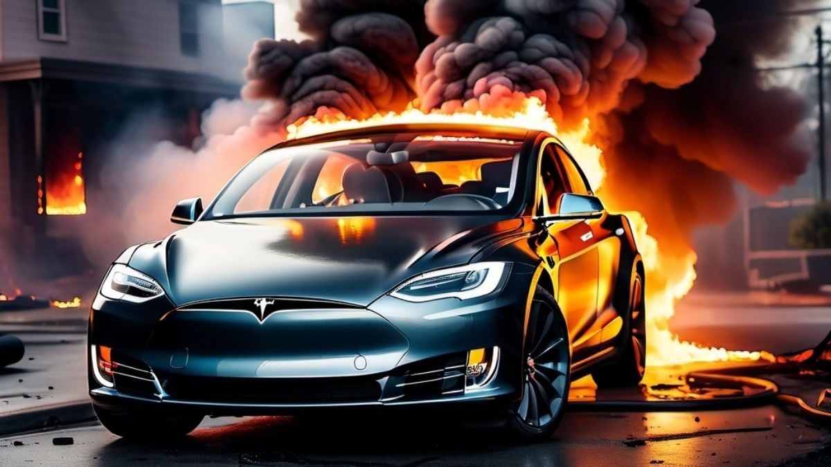 Tesla Model S On Fire Rendered with Open Art