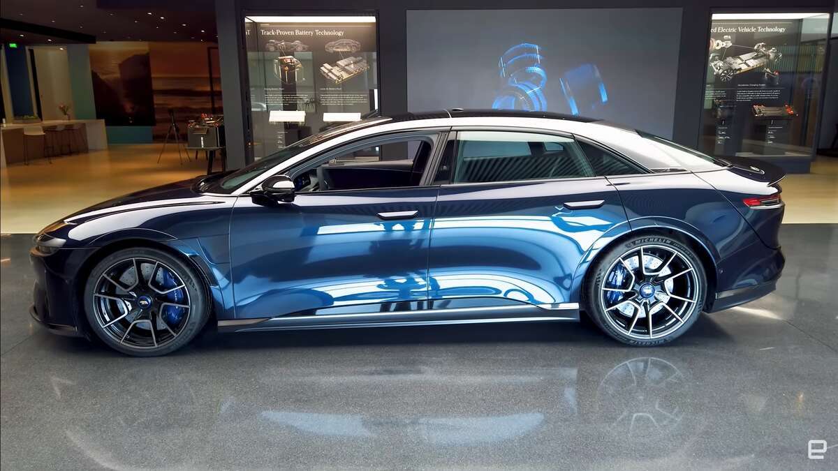Image showing a side view of the Lucid Air Sapphire at Lucid's headquarters.