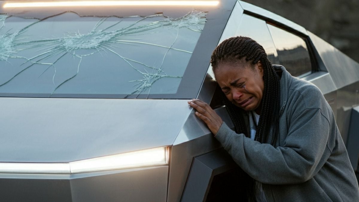 Gemini created image of a wrecked Cybertruck and its upset owner.