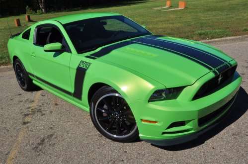 A high angle front shot of the 2013 Ford Mustang Boss 302 