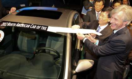 Hyundai CEO John Krafcik unveils NA Car of the Year decal on the 2012 Elantra