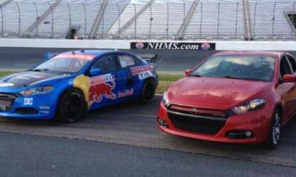 The 2013 Dodge Dart rally car with the 2013 Dodge Dart Rallye production model