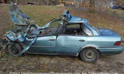 A wrecked Ford Tempo