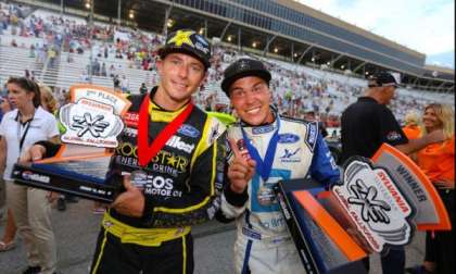 Tanner Foust and Topi Heikkinen celebrate their 1-2 finish in Atlanta