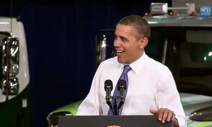 President Obama speaking at the Daimler/Freightliner plant in Mt. Holly NC