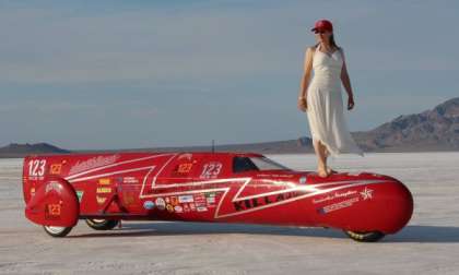 Eva Hakansson standing atop the KillaJoule in Bonneville