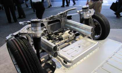 Chassis with front suspension of Tesla S at NAIAS 2012