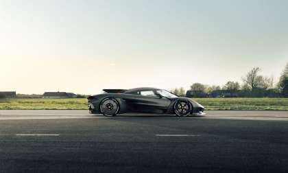 Side view of the new Koenigsegg Jesko Absolut testing at an airfield, which is the perfect place for it considering its 310+ mph top speed